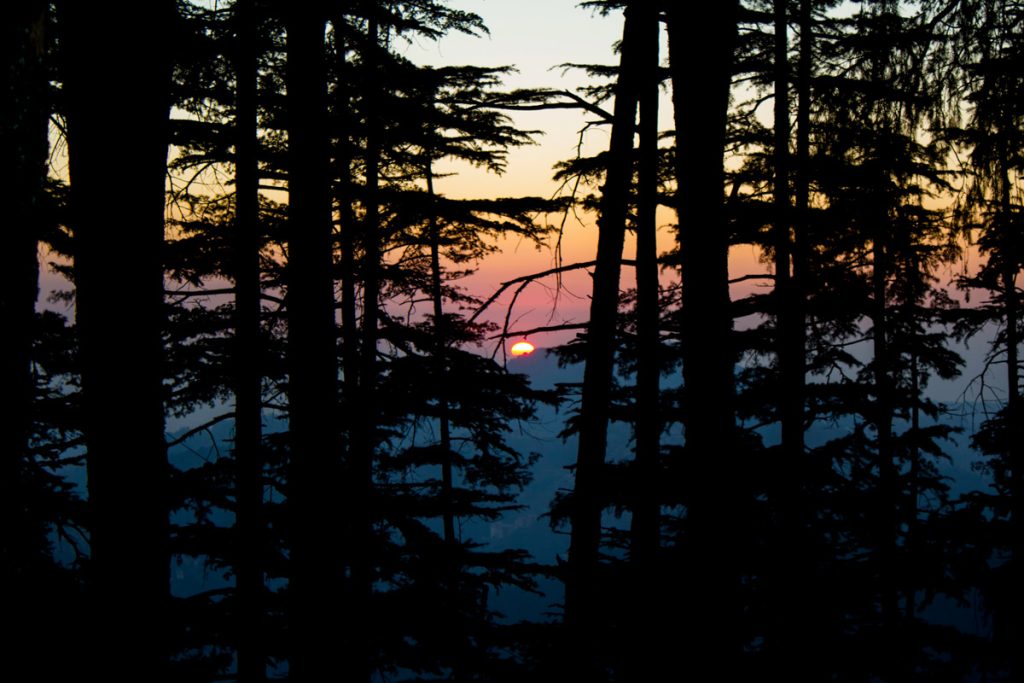 Atardecer desde lo alto de un monte a través de las montañas y árboles